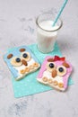 Owl toasts with cream cheese, fruits and cereals with glass of milk, food for kids idea