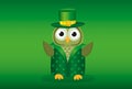 Owl in traditional green suit on the day of Patrick. Greeting card