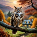 An owl on a tree branch, with autumn woodland, bathed in glow of a misty sunrise, mountains, above a quaint cottage, painting art