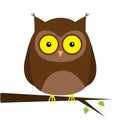 Owl on the tree branch with leaf. Big yellow eyes. Cute cartoon kawaii funny baby character. Notebook cover, t-shirt print. White Royalty Free Stock Photo