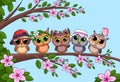 Owl on tree. Cute cartoon owls sitting on wooden branch with leaves. Spring funny birds together, friendship and Royalty Free Stock Photo