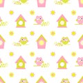 Owl twig bird house seamless pattern