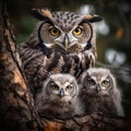 Owl and Two Baby Owls Closeup