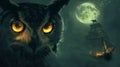 An owl up close with piercing eyes, juxtaposed against a tall ship under a full moon night sky Royalty Free Stock Photo