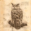 Owl in Vintage Steampunk Da Vinci Drawing Style