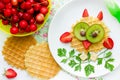 Owl waffle for kids with berry and fruit, creative idea for children