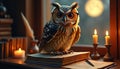 Owl wearing glasses sitting on the book in a cozy study room with candlelight Royalty Free Stock Photo
