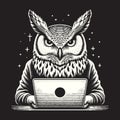 Wise Owl Working on Laptop Computer at Night Royalty Free Stock Photo