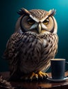 An owl who is falling asleep sits at a table in front of a cup of espresso coffee. Ruffled and shaggy owl, generated AI Royalty Free Stock Photo