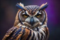 Owl with yellow eyes on a solid background. ai generative