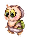 Owlet with green backpack watercolor Royalty Free Stock Photo