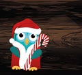 Owlet in Santa Claus costume holds a Christmas candy. Greeting