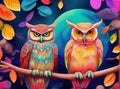 owls background knolling watercolour neon palette.