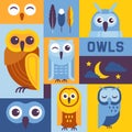 Owls banner vector illustration. Cute cartoon wise birds with wings of different colors for greeting cards and