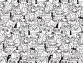 Owls birds group black and white seamless pattern.