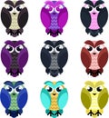 Owls in bright color with thick frowning eyebrows. Vector illustration