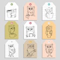 Owls cards funny birds owls in various poses. Vector tags or stickers Royalty Free Stock Photo