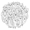 Cute doodle owls circle shape coloring page. Funny bird characters mandala