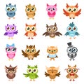 Owls. Color cute wise owl stickers, birthday kids shower funny forest birds with different gestures vector cartoon Royalty Free Stock Photo