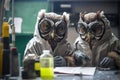 Owls dressed as scientists experimenting, created with Generative AI technology