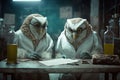 Owls dressed as scientists experimenting, created with Generative AI technology