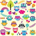 Owls and elements clip art set