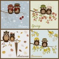 Owls in four seasons- spring, summer, autumn, winter Royalty Free Stock Photo