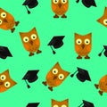 Owls with graduates caps, green background