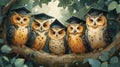 Owls in graduation cap on tree branch. Illustration. Generative AI