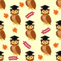 Owls with graduation caps seamless pattern