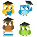 Owls with graduation hats. Vector education set