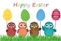 Owls keep Easter decorated eggs on a stick. Multicolored. Vector