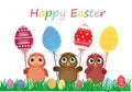 Owls keep Easter decorated eggs on a stick. Multicolored. Vector