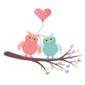 Owls in love are sittting on the branch with a balloon in the form of a heart