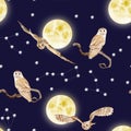 Owls on a moonlit night watercolor seamless pattern