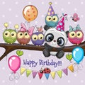 Owls and Panda on a branch with balloon and bonnets Royalty Free Stock Photo