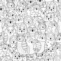 Cute doodle owls black and white seamless pattern. Funny bird characters background