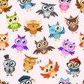 Owls seamless pattern. Colorful cute wise owl, joyful forest birds cuteness childish wallpaper print, textile cartoon Royalty Free Stock Photo