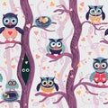 Owls in spring seamless pattern in Scandinavian style.