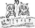 Owls, trees, grass Black contour on a white background.