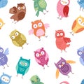 Owls vector cartoon cute bird set cartoon owlet character kids animal baby art for children owlish collection seamless