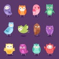 Owls vector cartoon owlet character kids animal baby art for children illustration set of childish colorful bird owlish