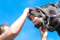 Owner checking horse teeth. Multicolored outdoors image.