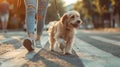 Owner with cute dog on leash crossing road outdoors, Pedestrians and dog crossing at intersection Royalty Free Stock Photo
