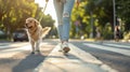 Owner with cute dog on leash crossing road outdoors, Pedestrians and dog crossing at intersection Royalty Free Stock Photo