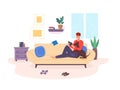 Owner dog watching video. Focused man with pet friend sit home couch looking movie on tablet cartoon boy and funny Royalty Free Stock Photo