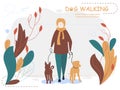 Owner and dogs walking. Cartoon vector illustration for web page, social media,