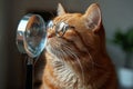 Owner examines his tabby ginger kitten with magnifying glass for fleas and health issues Royalty Free Stock Photo
