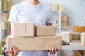 Owner, start up small business. Man holding boxes working, Ready for delivery at home office. Royalty Free Stock Photo