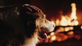 The owner strokes his dog, which looks at the fire in the fireplace. Warmth and comfort in the house concept Royalty Free Stock Photo